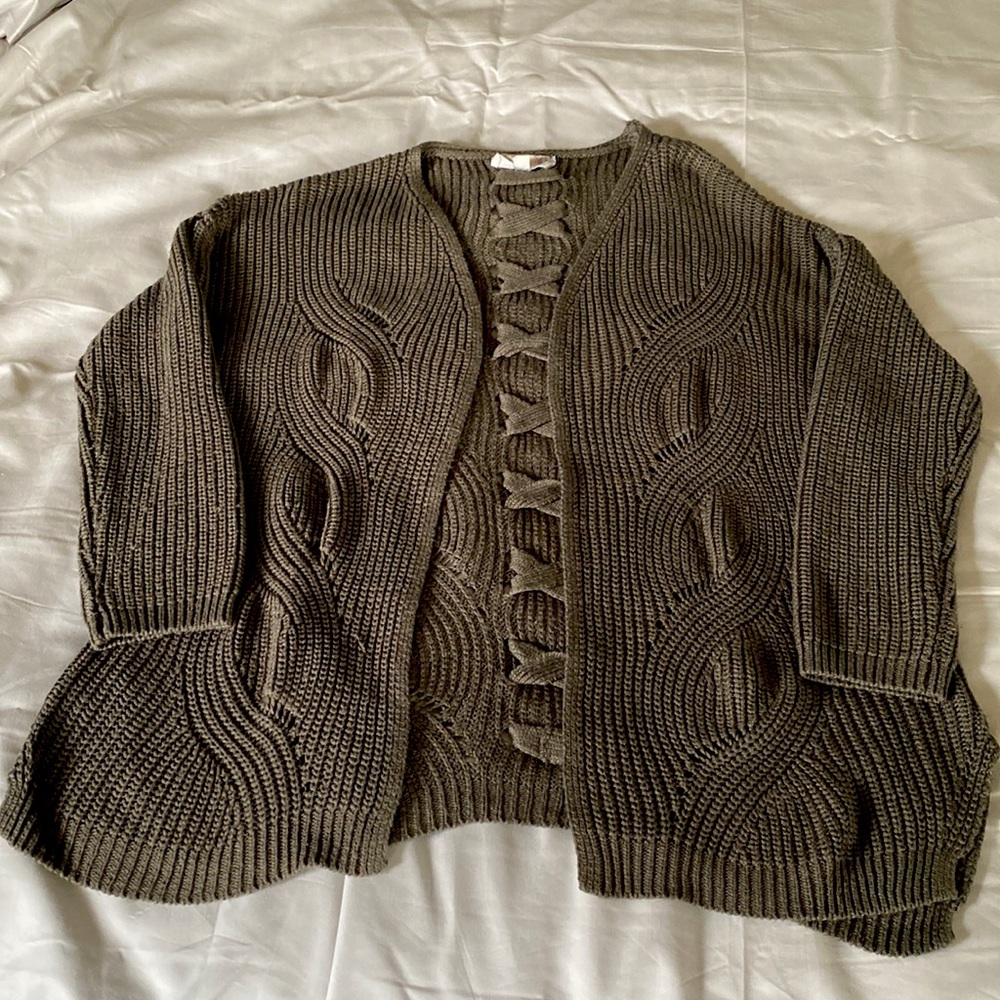 Pink Republic olive green knit cardigan with cross-cross back detail
